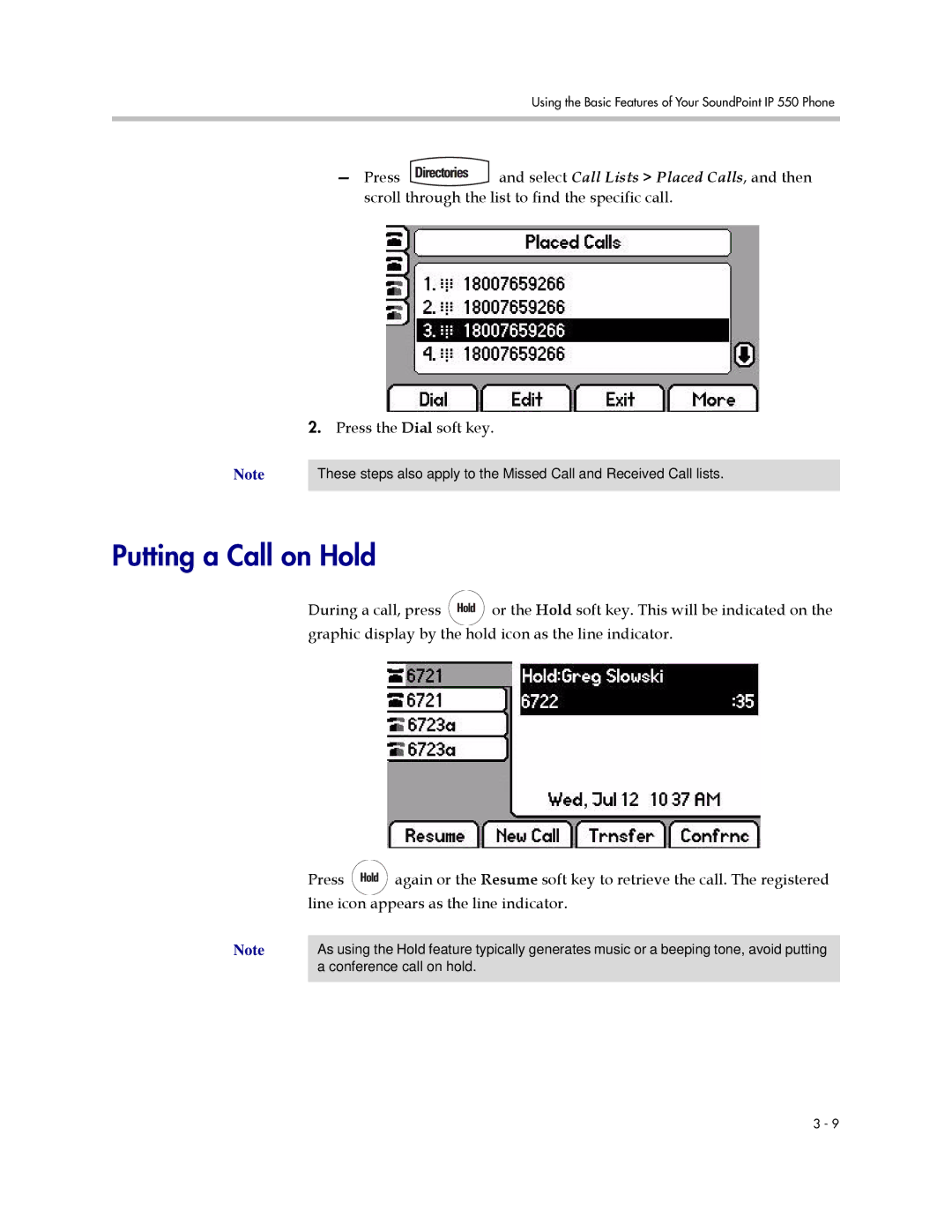 Polycom IP 550 manual Putting a Call on Hold 