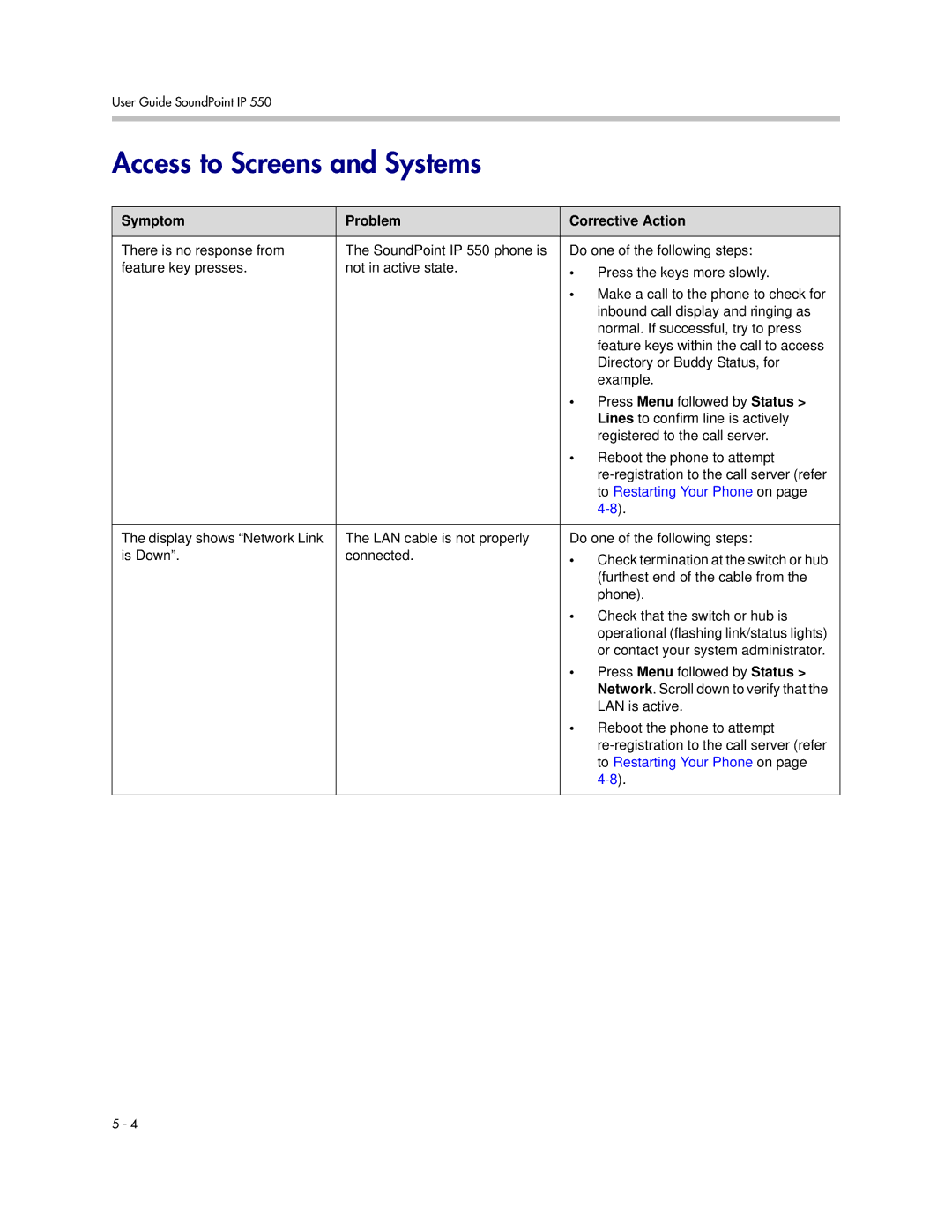 Polycom IP 550 manual Access to Screens and Systems, To Restarting Your Phone on 