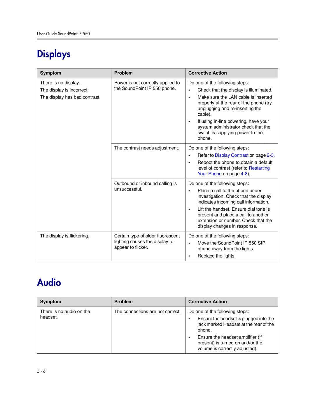 Polycom IP 550 manual Displays, Audio 