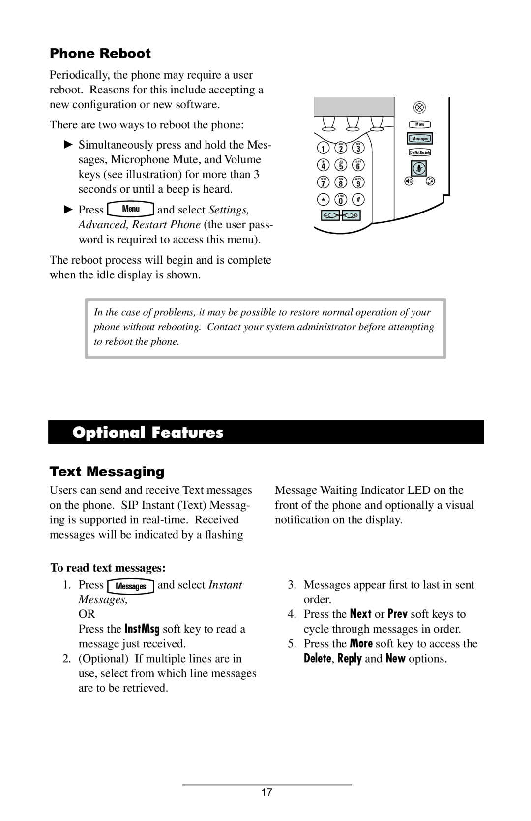 Polycom IP 600 SIP 1.6.X manual Optional Features, Phone Reboot, Text Messaging, To read text messages 