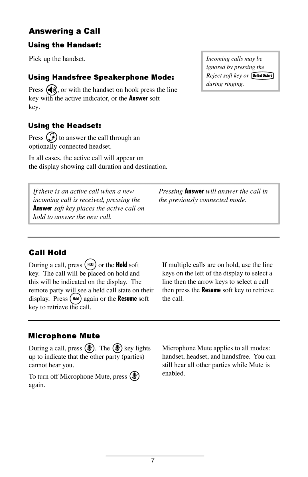 Polycom IP 600 SIP manual Answering a Call, Call Hold, Microphone Mute 