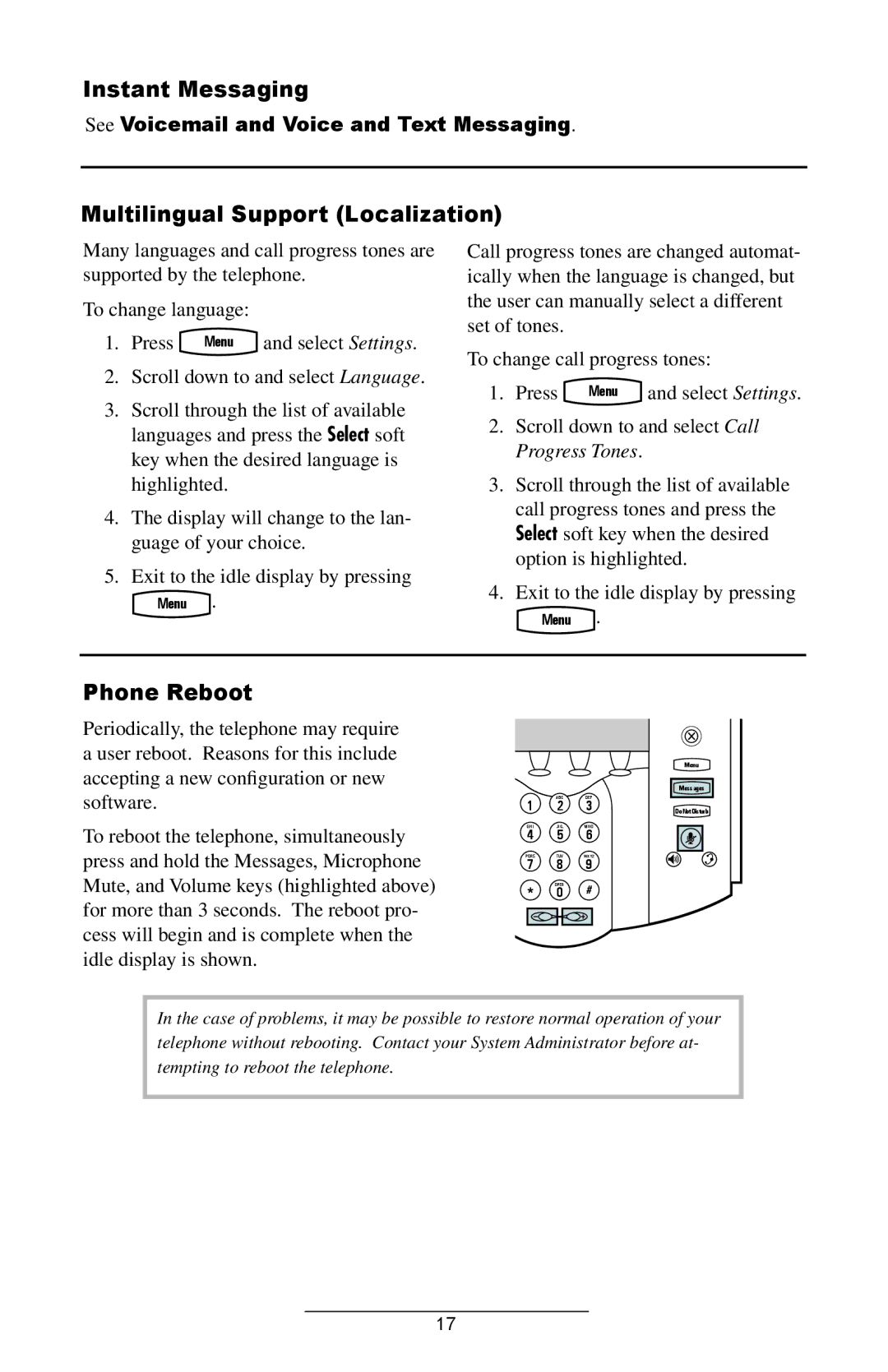 Polycom IP 600 SIP manual Instant Messaging, Multilingual Support Localization, Phone Reboot 