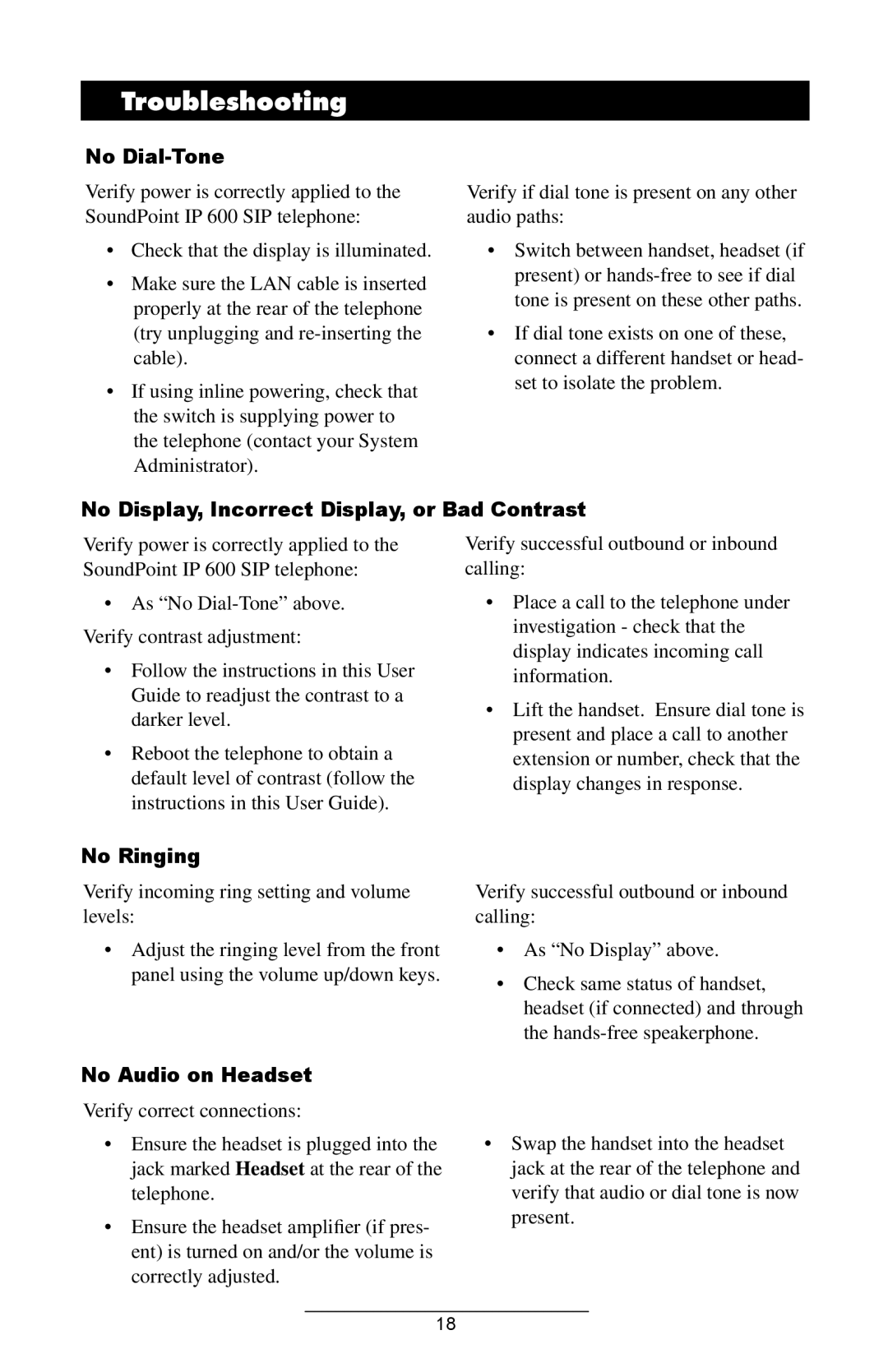 Polycom IP 600 SIP manual Troubleshooting, No Dial-Tone, No Display, Incorrect Display, or Bad Contrast, No Ringing 