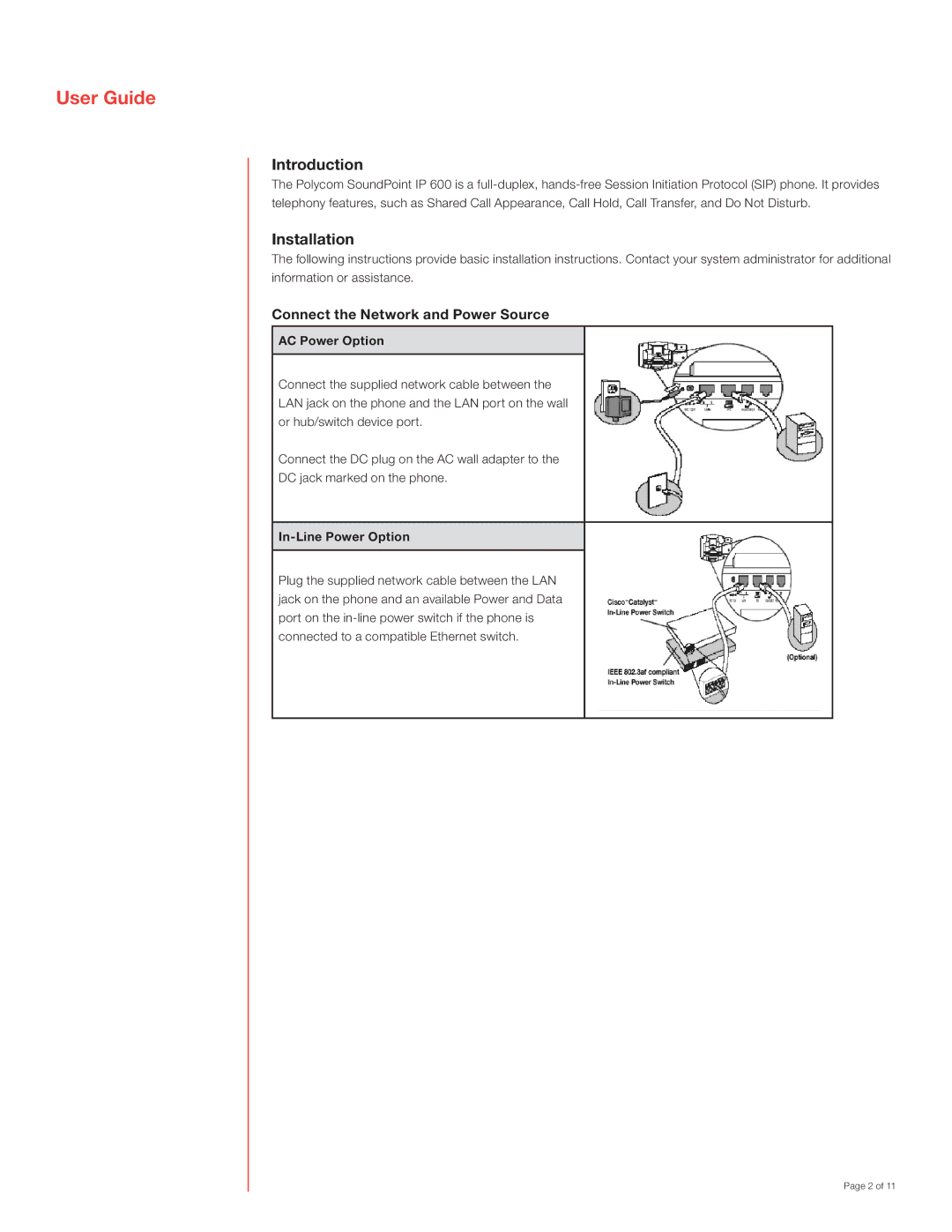 Polycom IP 600 SIP Introduction, Installation, Connect the Network and Power Source, AC Power Option, In-Line Power Option 