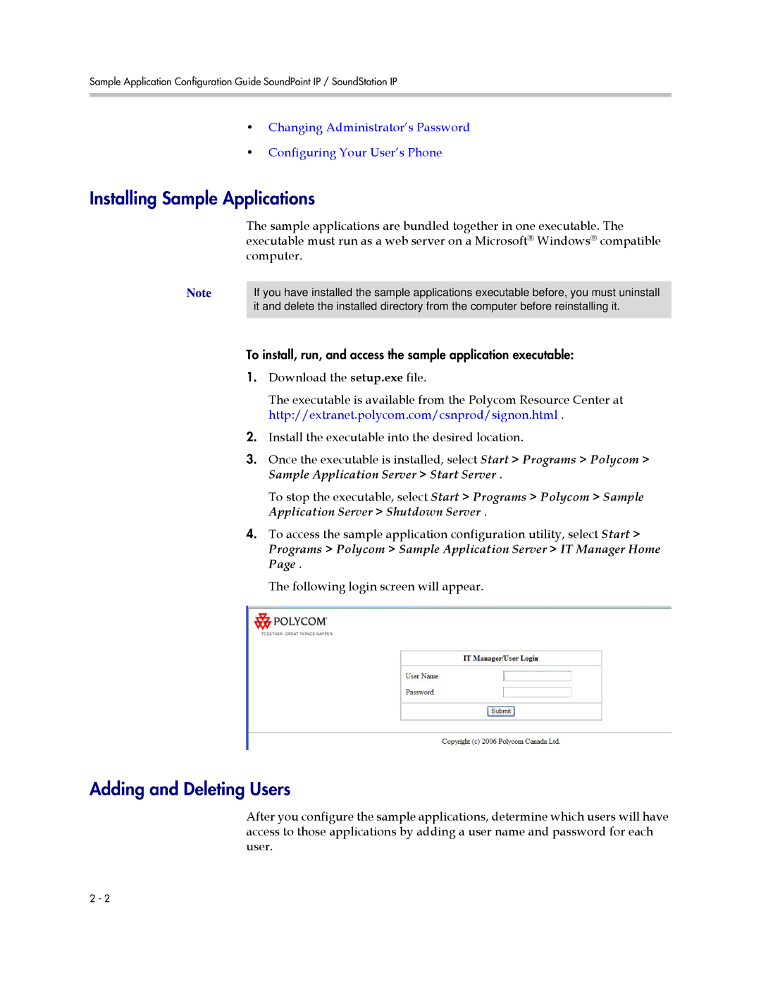 Polycom IP 600 manual Installing Sample Applications, Adding and Deleting Users 