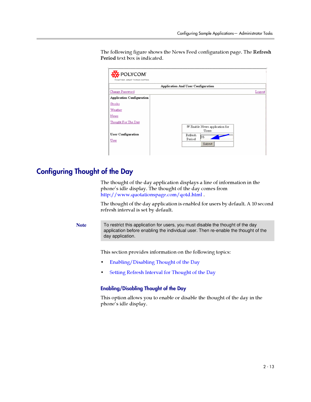Polycom IP 600 manual Configuring Thought of the Day, Refresh interval is set by default 