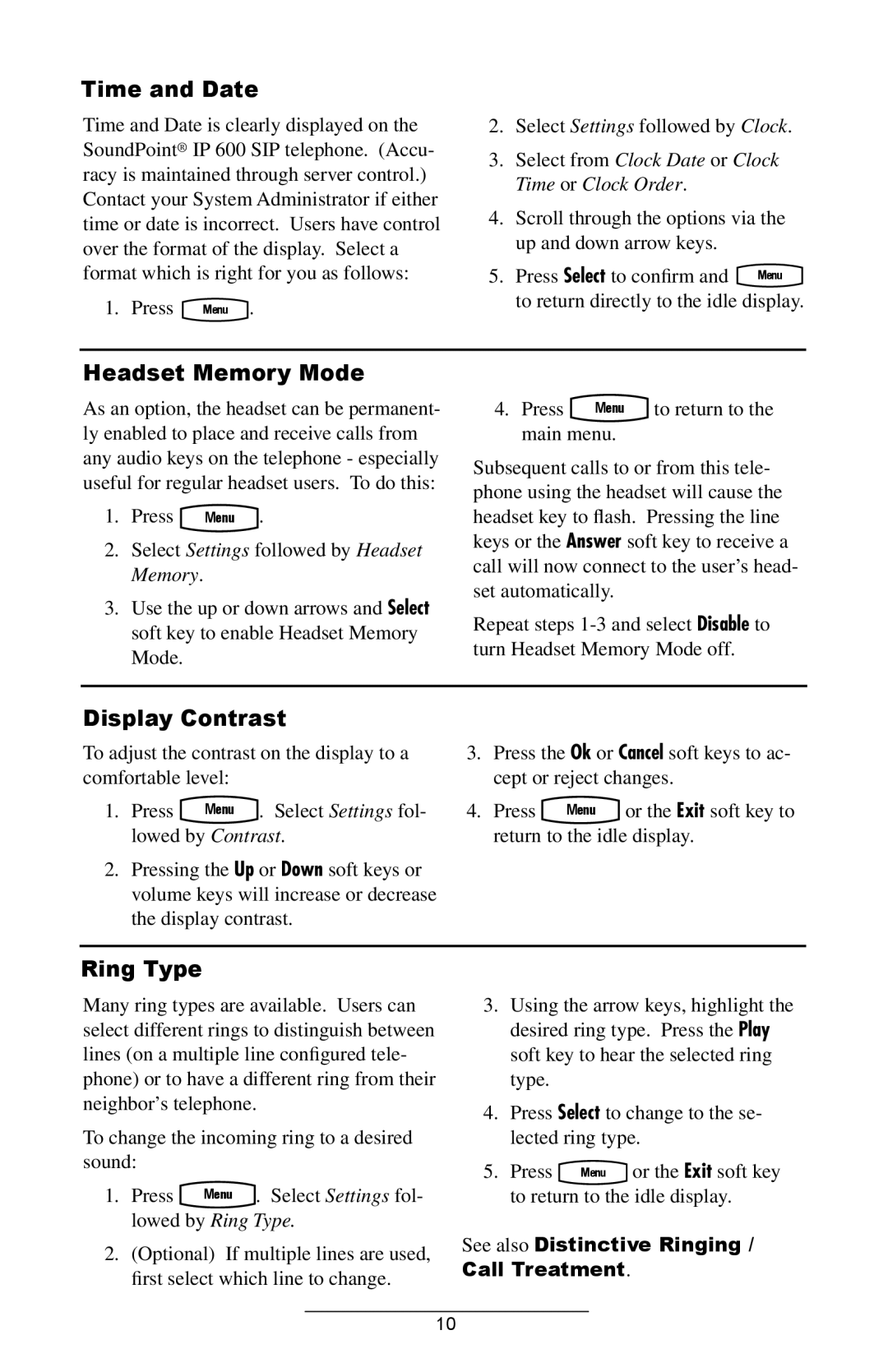 Polycom IP 600 manual Time and Date, Headset Memory Mode, Display Contrast, Ring Type 