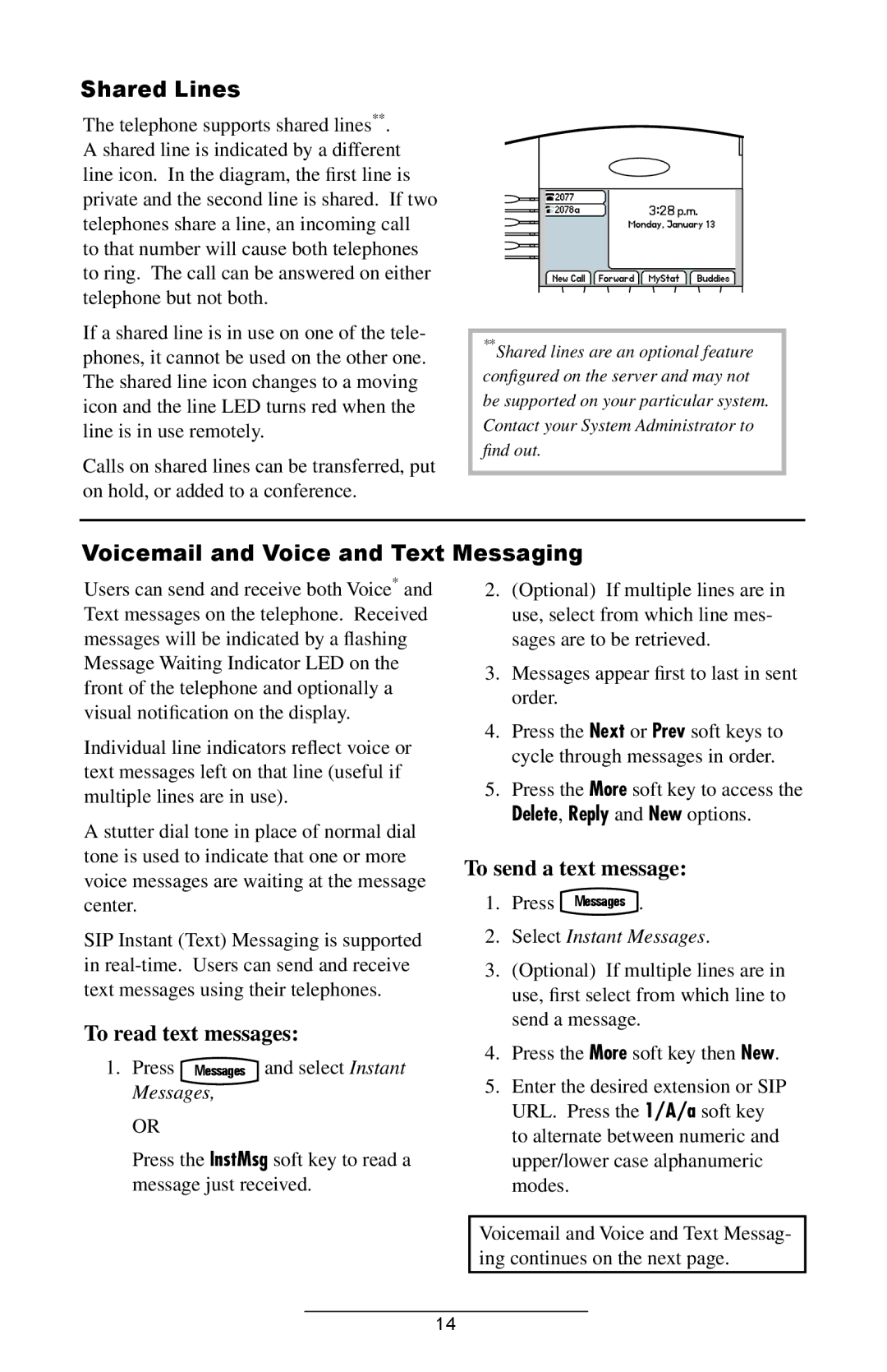 Polycom IP 600 manual Shared Lines, Voicemail and Voice and Text Messaging, Delete, Reply and New options 