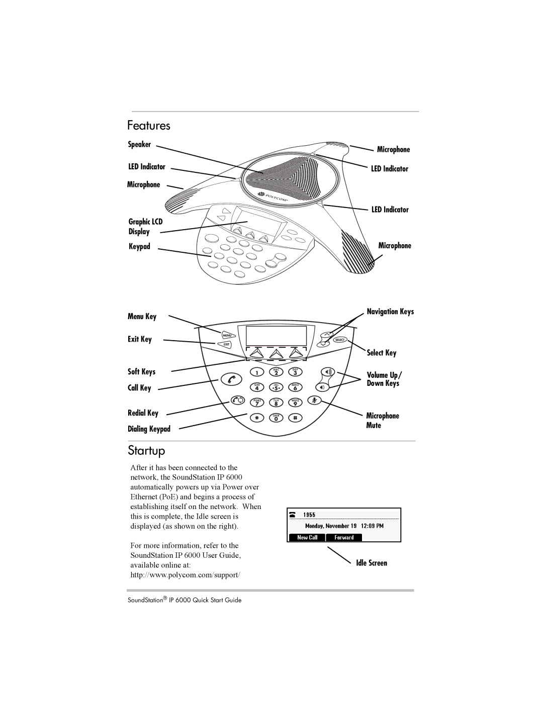 Polycom IP 6000 quick start Features, Startup 