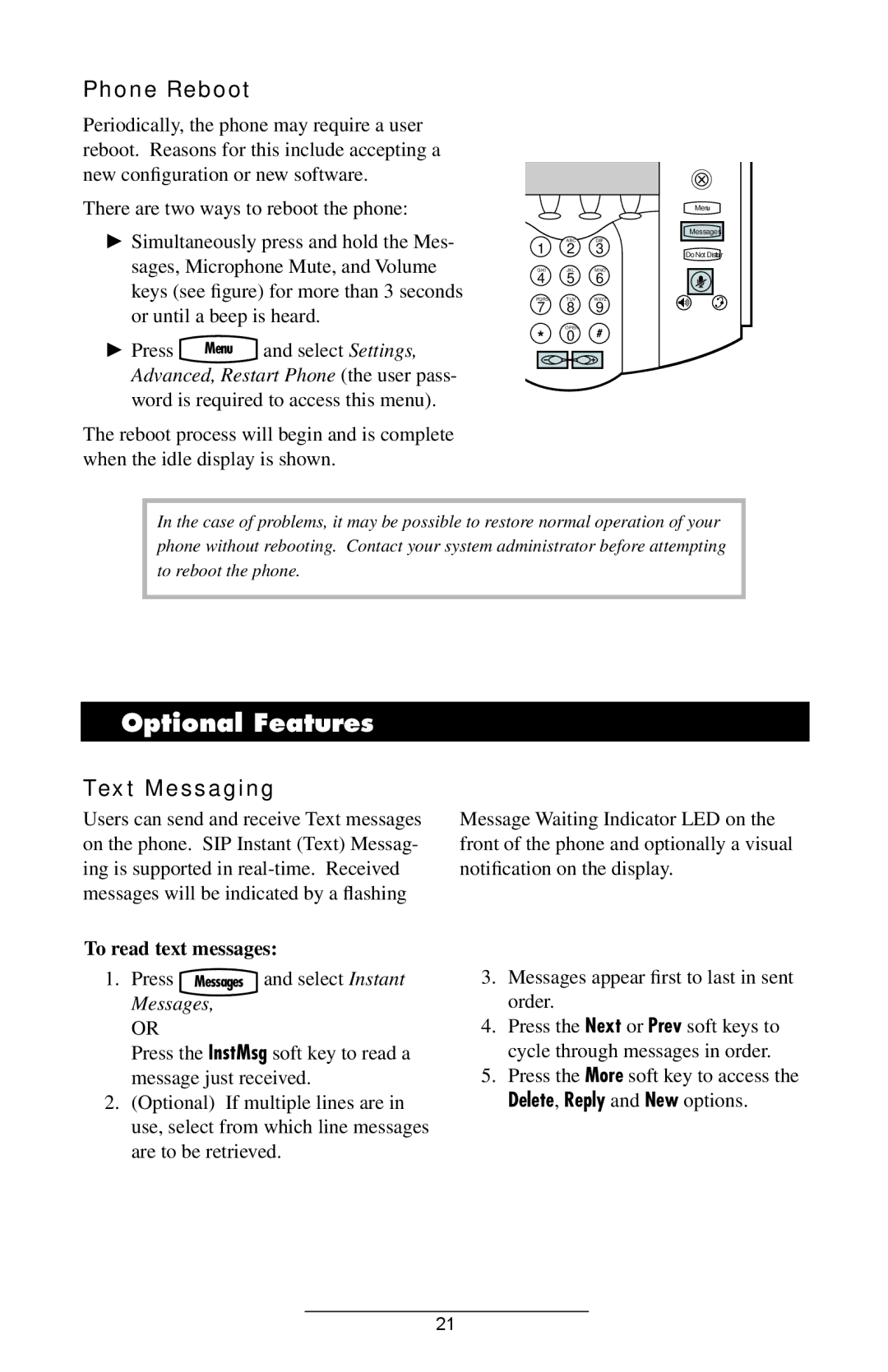 Polycom IP 600/601 Optional Features, Phone Reboot, Text Messaging, To read text messages, Delete, Reply and New options 