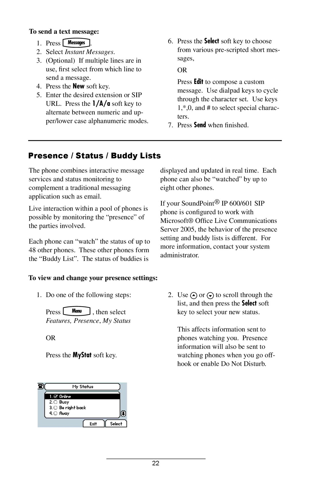 Polycom IP 600/601 manual Presence / Status / Buddy Lists, To send a text message, Select Instant Messages 