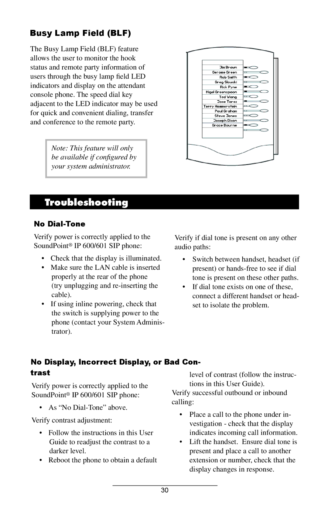 Polycom IP 600/601 Troubleshooting, Busy Lamp Field BLF, No Dial-Tone, No Display, Incorrect Display, or Bad Con- trast 