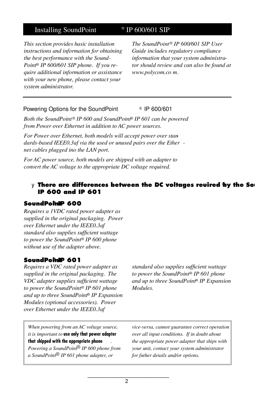Polycom manual Installing SoundPoint IP 600/601 SIP, Powering Options for the SoundPoint IP 600/601 