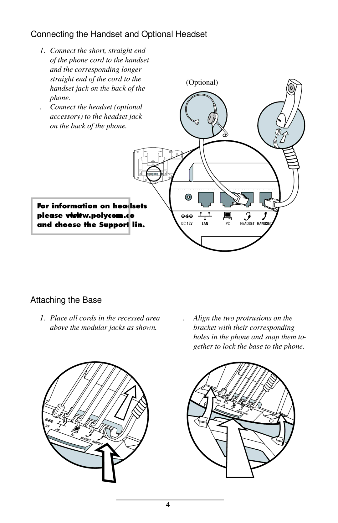 Polycom IP 600/601 manual Connecting the Handset and Optional Headset, Attaching the Base 