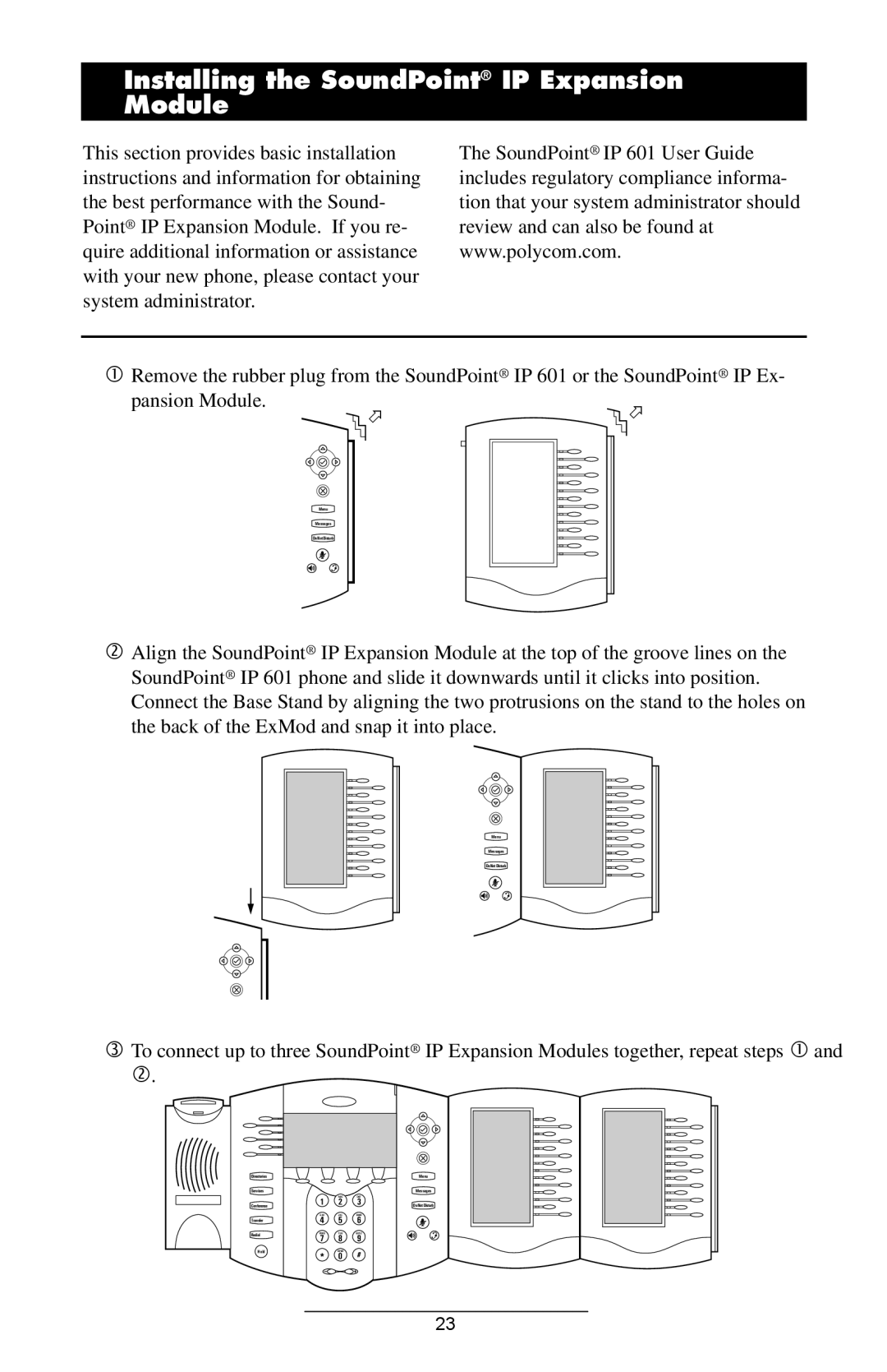 Polycom IP 601 manual Installing the SoundPoint IP Expansion Module,   