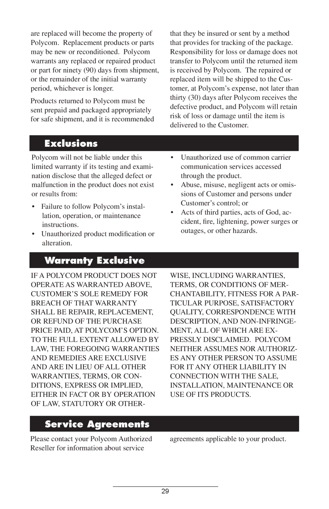 Polycom IP 601 manual Exclusions, Warranty Exclusive, Service Agreements 