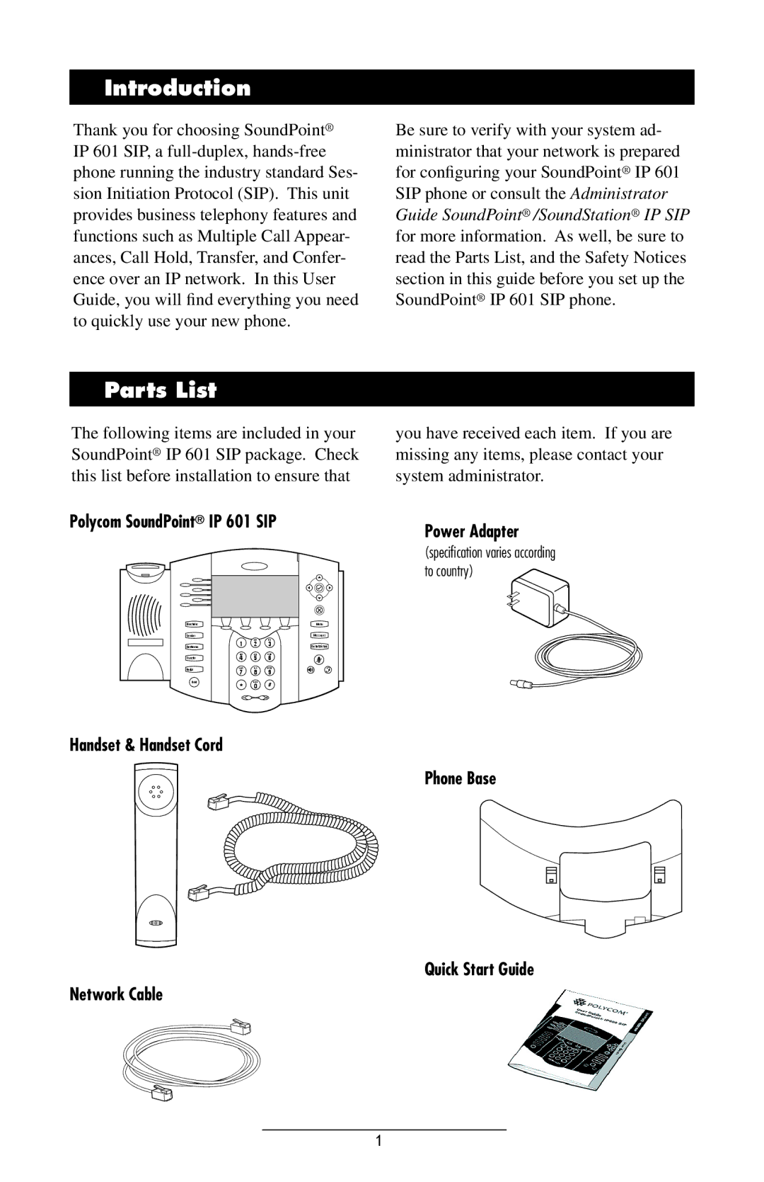 Polycom manual Introduction, Parts List, Polycom SoundPoint IP 601 SIP, Power Adapter 