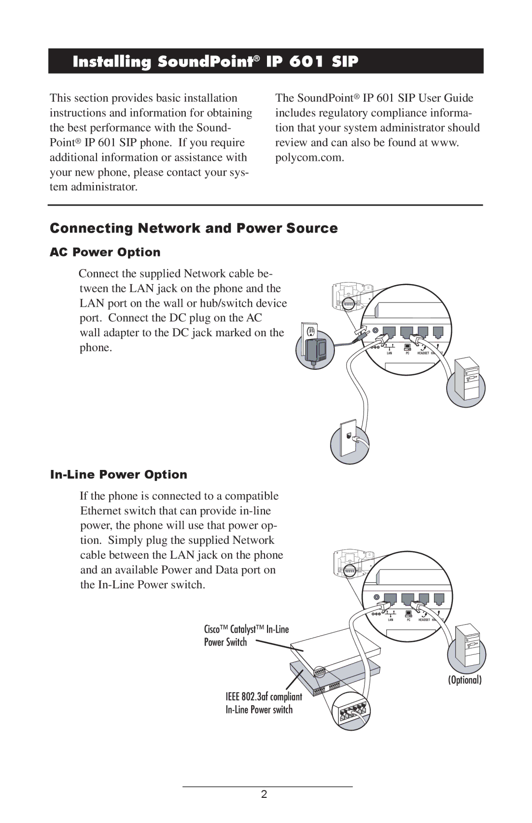 Polycom Installing SoundPoint IP 601 SIP, Connecting Network and Power Source, AC Power Option, In-Line Power Option 