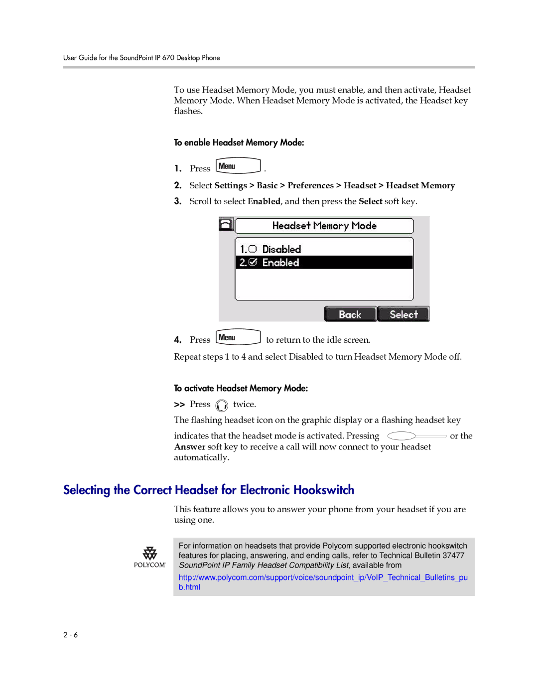 Polycom IP 670 manual Selecting the Correct Headset for Electronic Hookswitch 