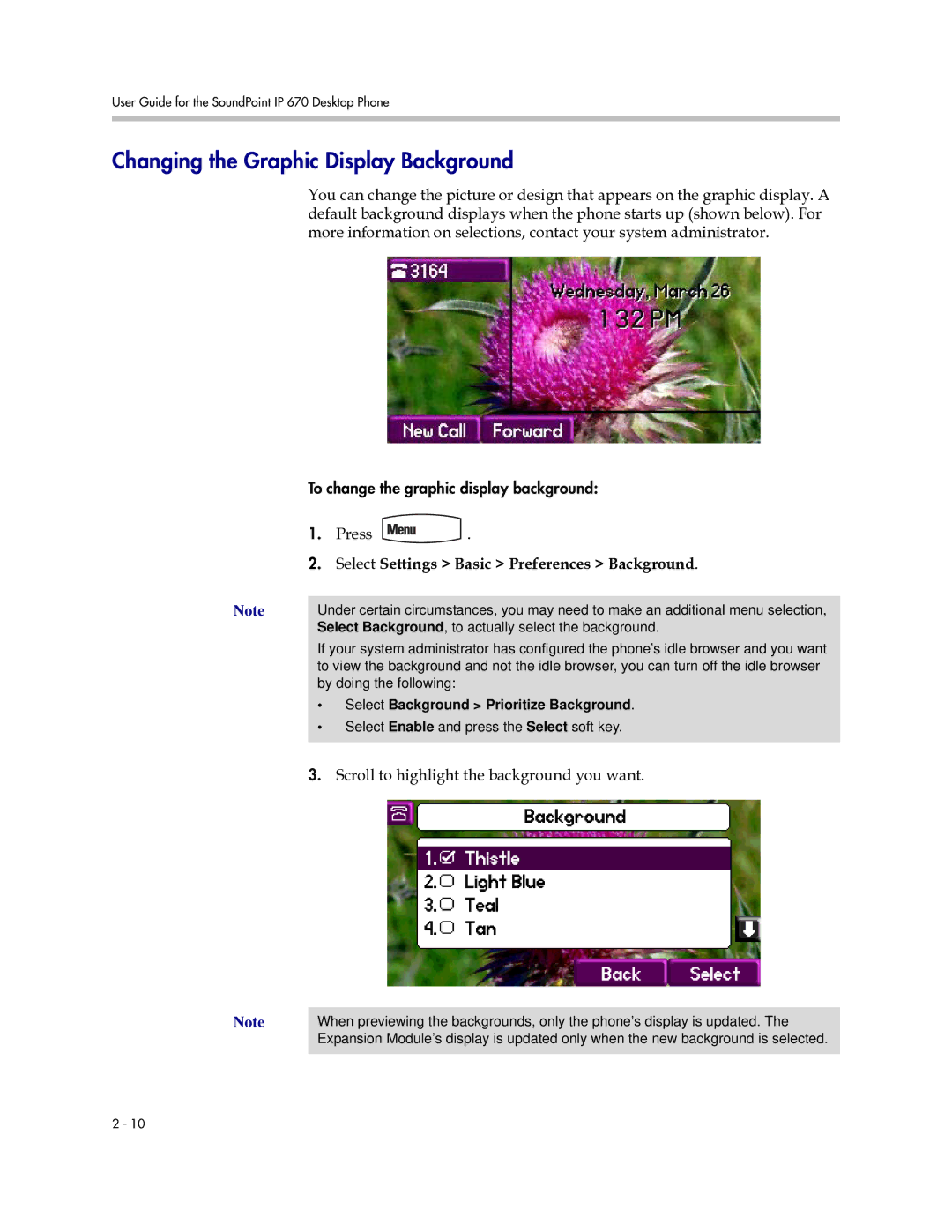 Polycom IP 670 manual Changing the Graphic Display Background, Select Settings Basic Preferences Background 