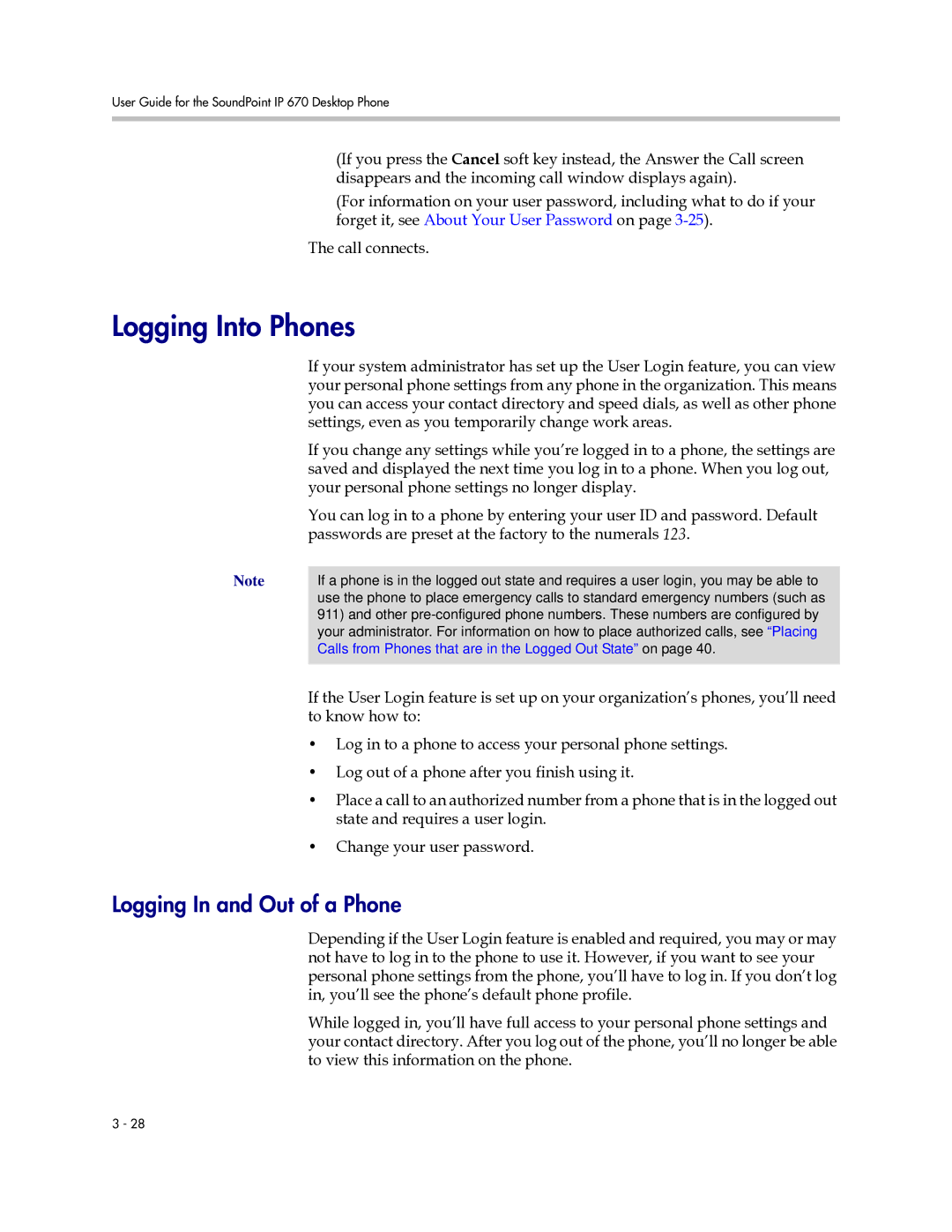 Polycom IP 670 Logging Into Phones, Logging In and Out of a Phone, Settings, even as you temporarily change work areas 