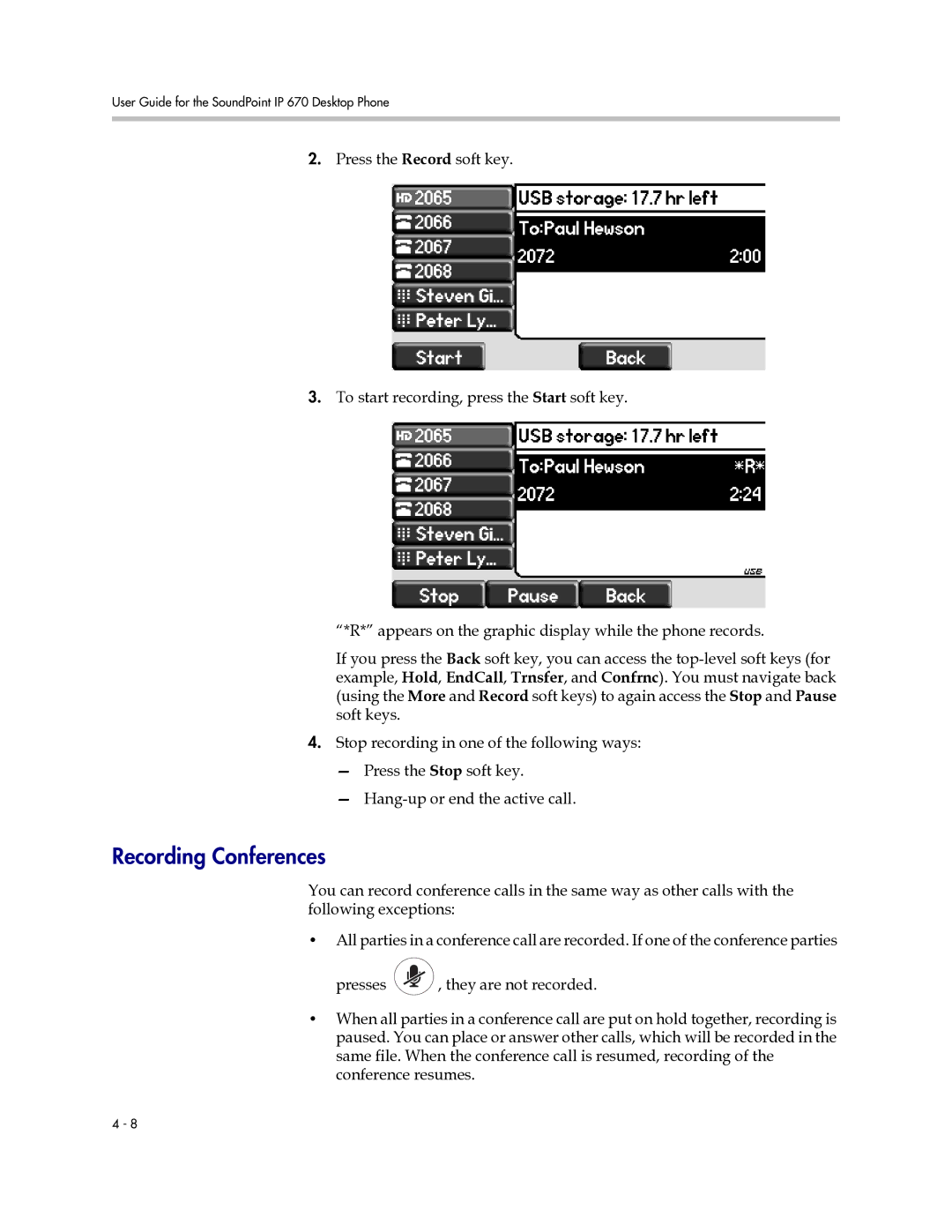 Polycom IP 670 manual Recording Conferences 