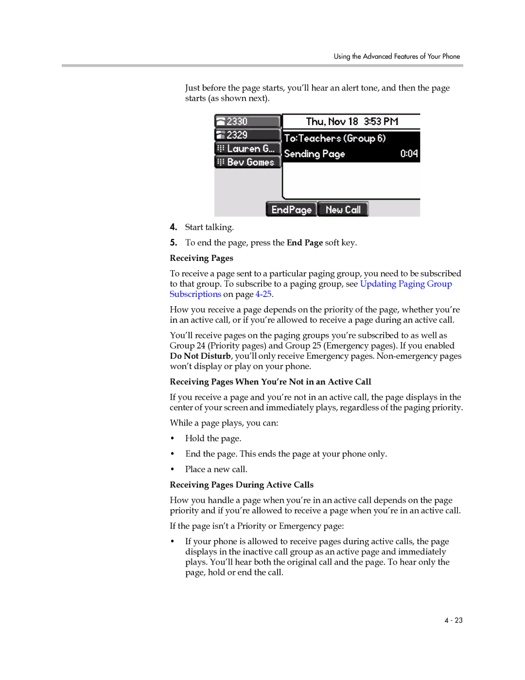 Polycom IP 670 manual Receiving Pages When You’re Not in an Active Call, Receiving Pages During Active Calls 