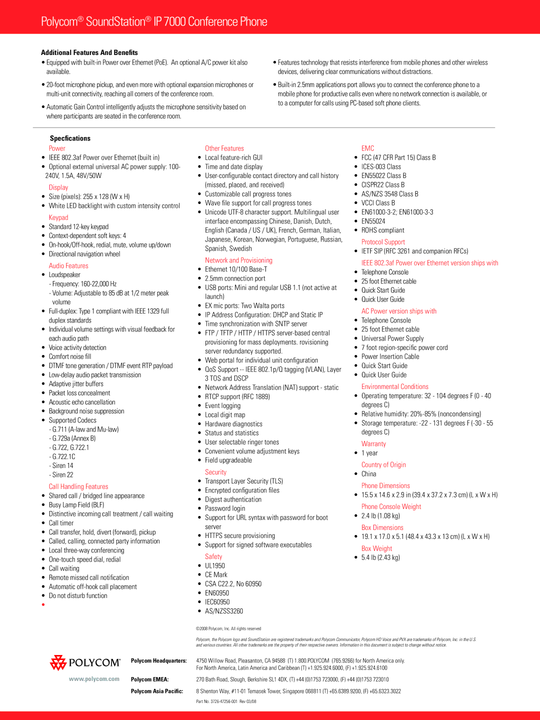 Polycom IP 7000 manual Additional Features And Benefits, Specfications 