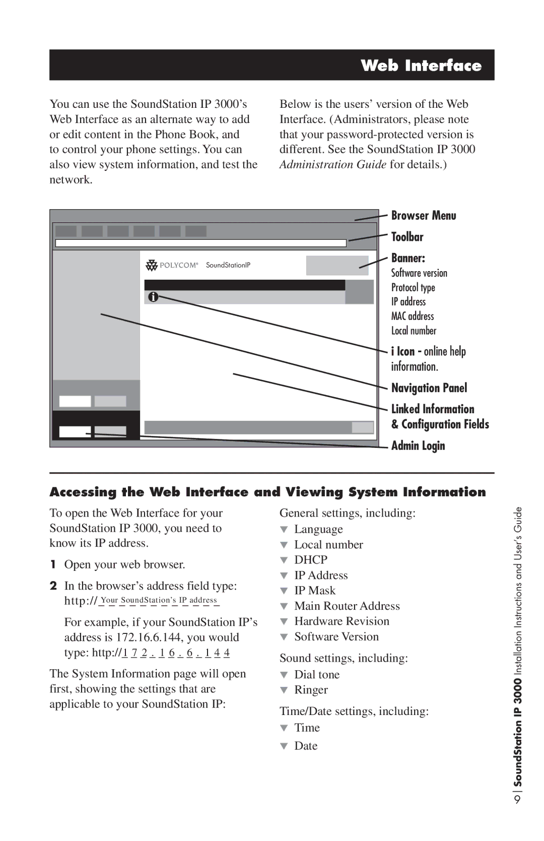 Polycom IP3000 installation instructions Web Interface, Browser Menu Toolbar Banner, Navigation Panel, Admin Login 