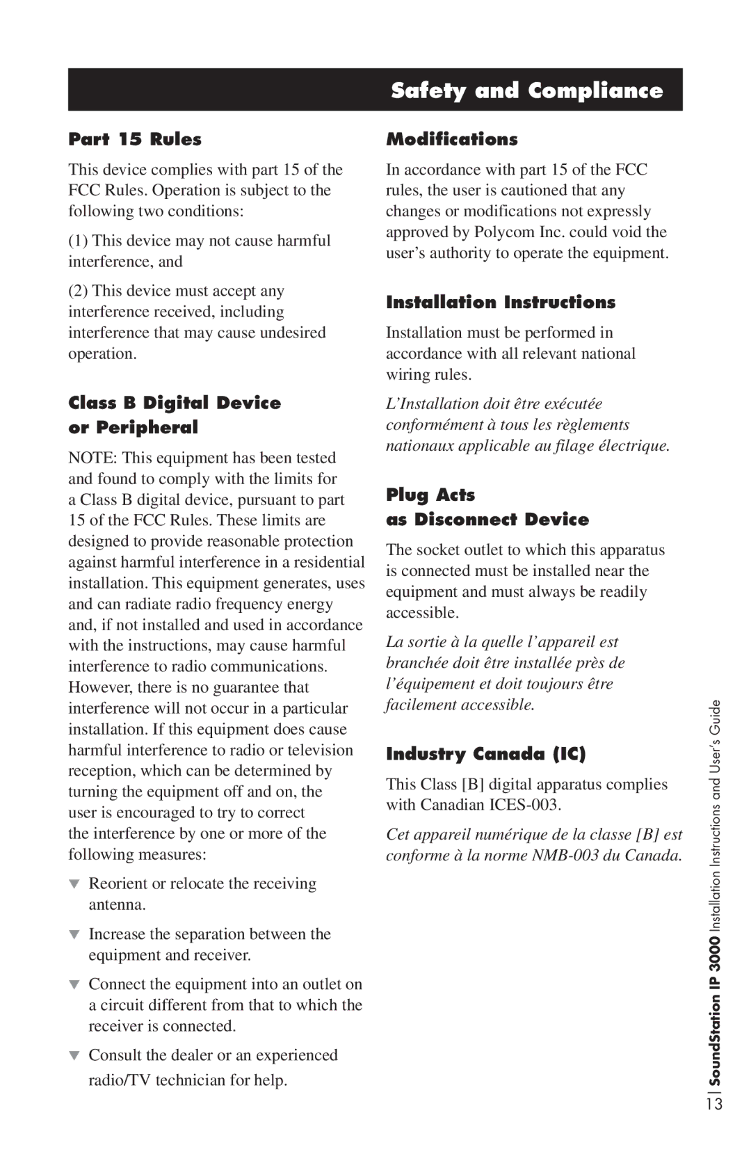 Polycom IP3000 installation instructions Safety and Compliance 