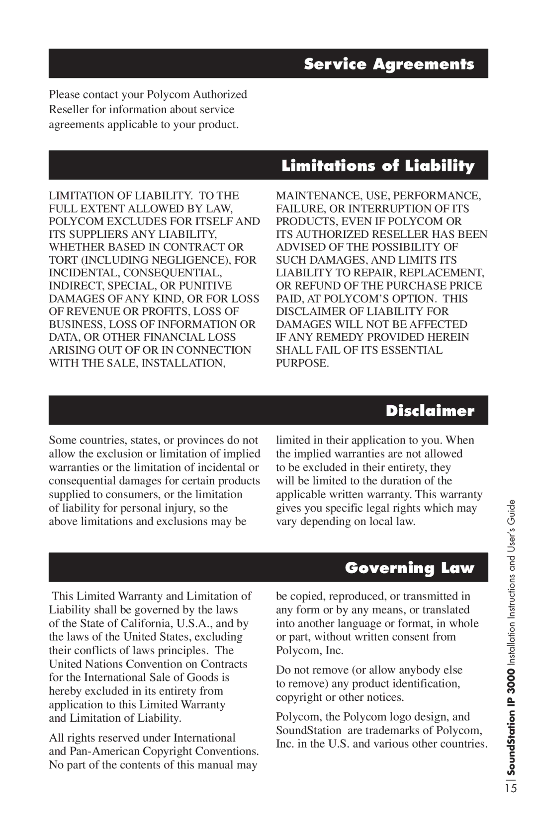 Polycom IP3000 installation instructions Service Agreements, Limitations of Liability, Disclaimer, Governing Law 