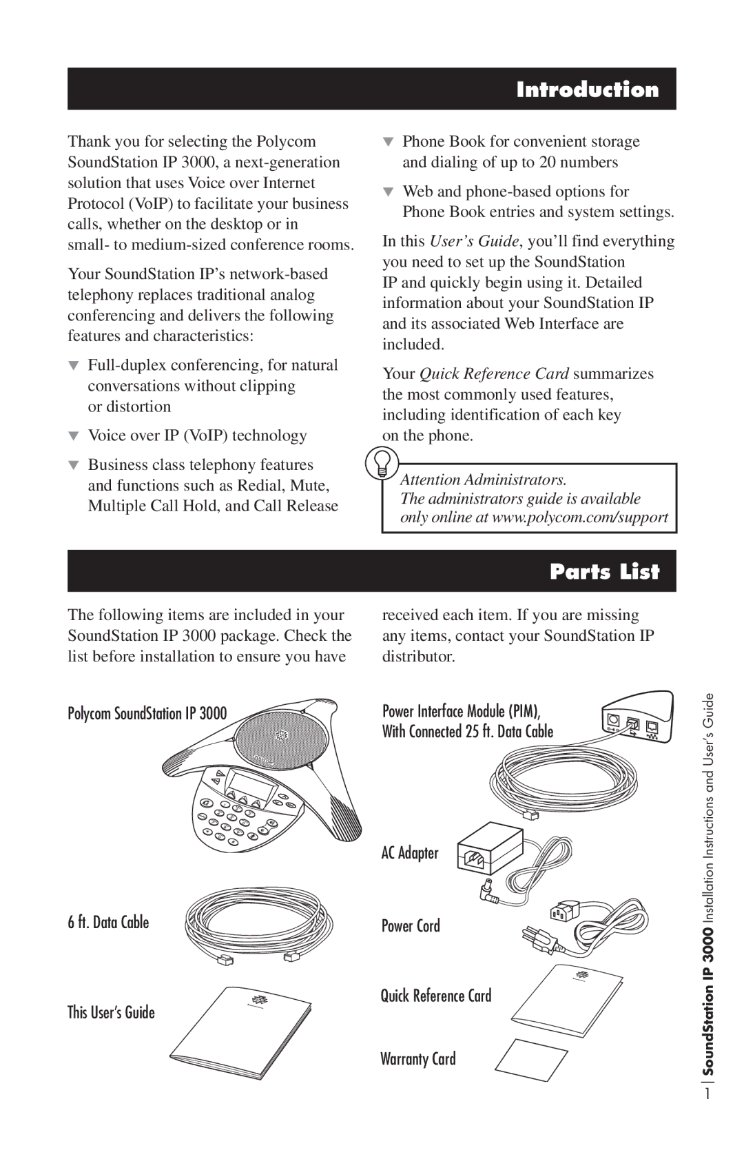 Polycom IP3000 installation instructions Introduction, Parts List 