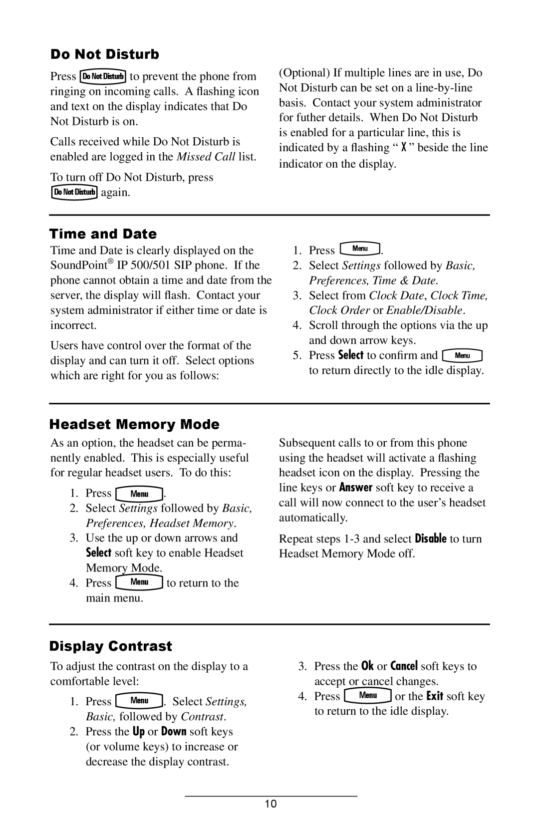 Polycom IP501 manual Do Not Disturb, Time and Date, Headset Memory Mode, Display Contrast, Basic, followed by Contrast 