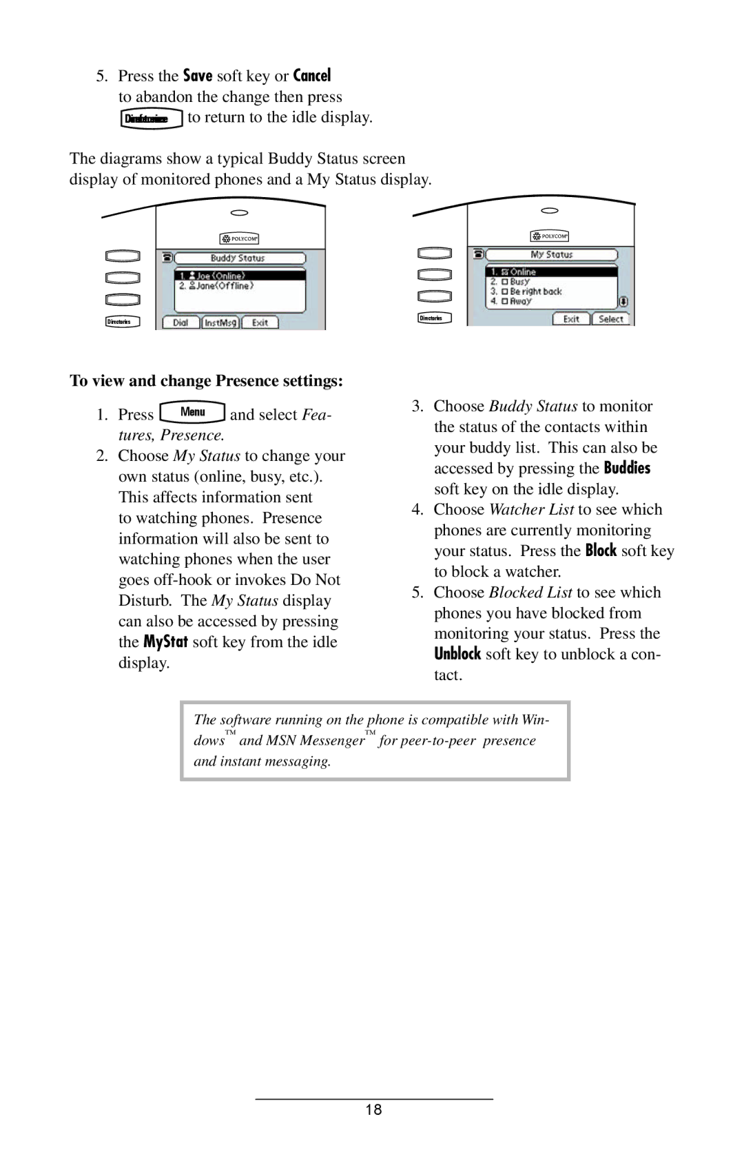 Polycom IP501 manual To view and change Presence settings, Tures, Presence 