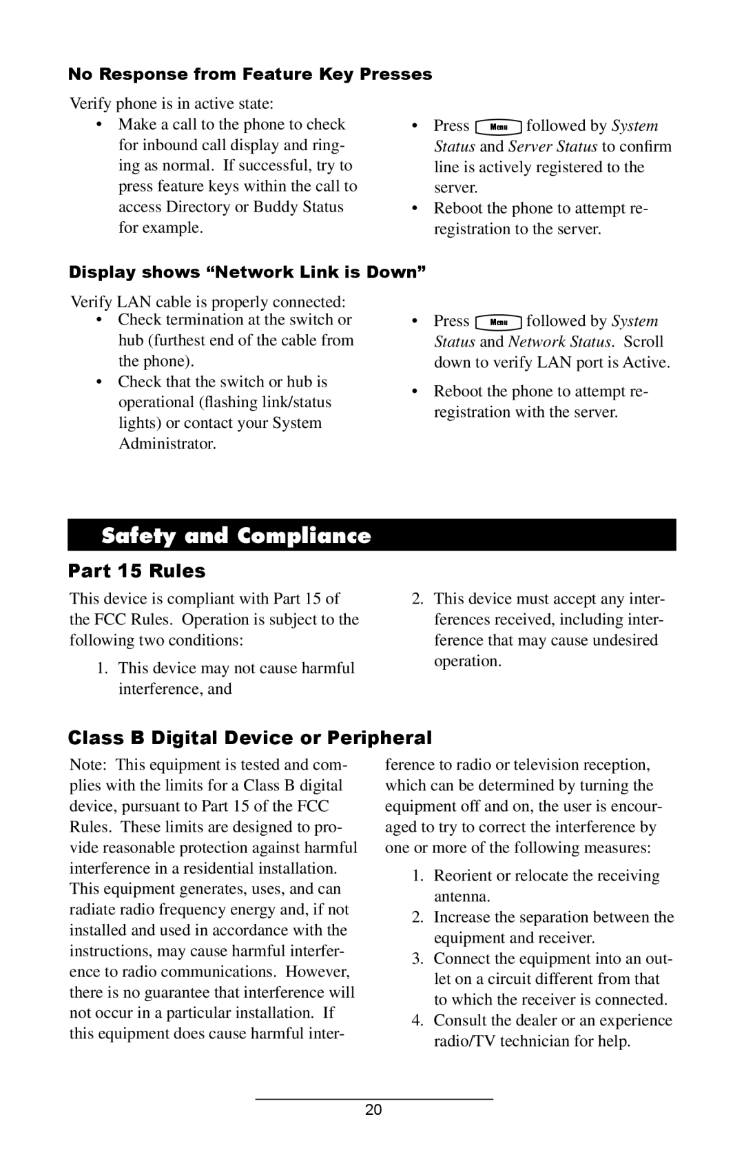 Polycom IP501 manual Safety and Compliance, Class B Digital Device or Peripheral, No Response from Feature Key Presses 