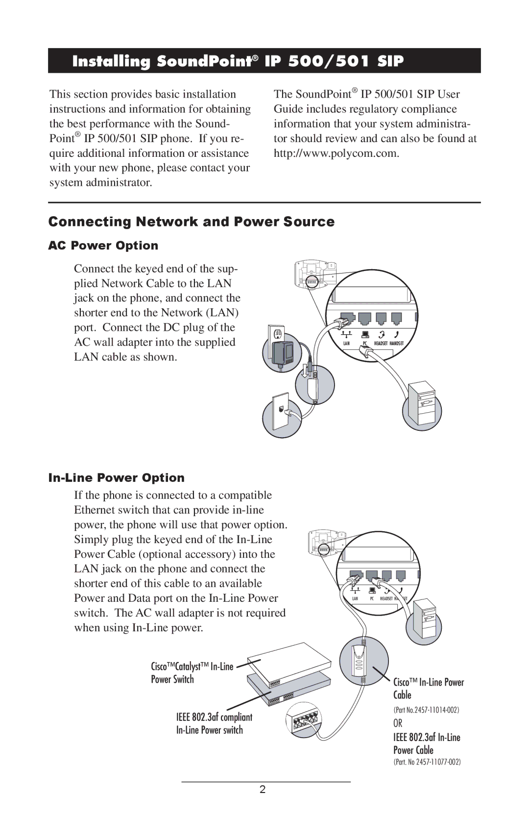 Polycom IP501 manual Installing SoundPoint IP 500/501 SIP, Connecting Network and Power Source, AC Power Option 