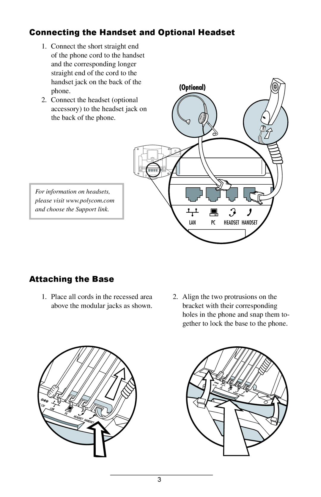 Polycom IP501 manual Connecting the Handset and Optional Headset, Attaching the Base, Phone.Optional 