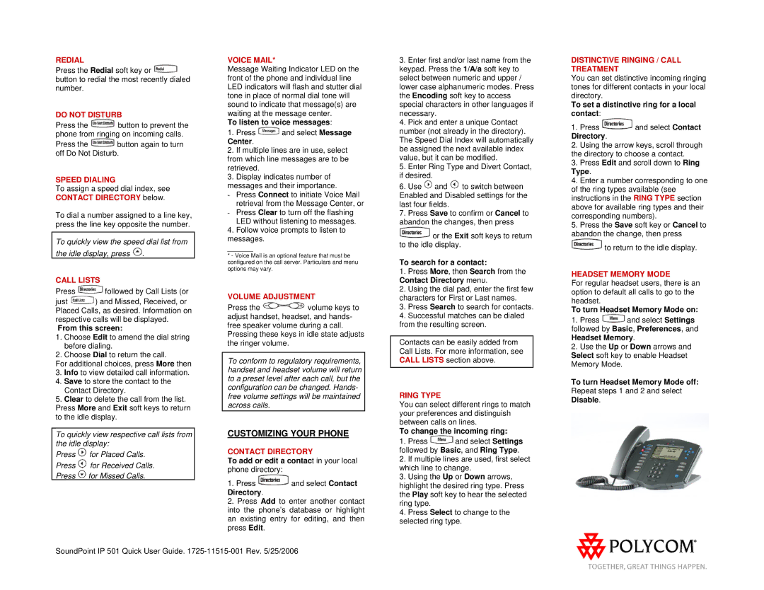 Polycom IP601 manual Redial, Do not Disturb, Speed Dialing, Call Lists, Voice Mail, Volume Adjustment, Contact Directory 