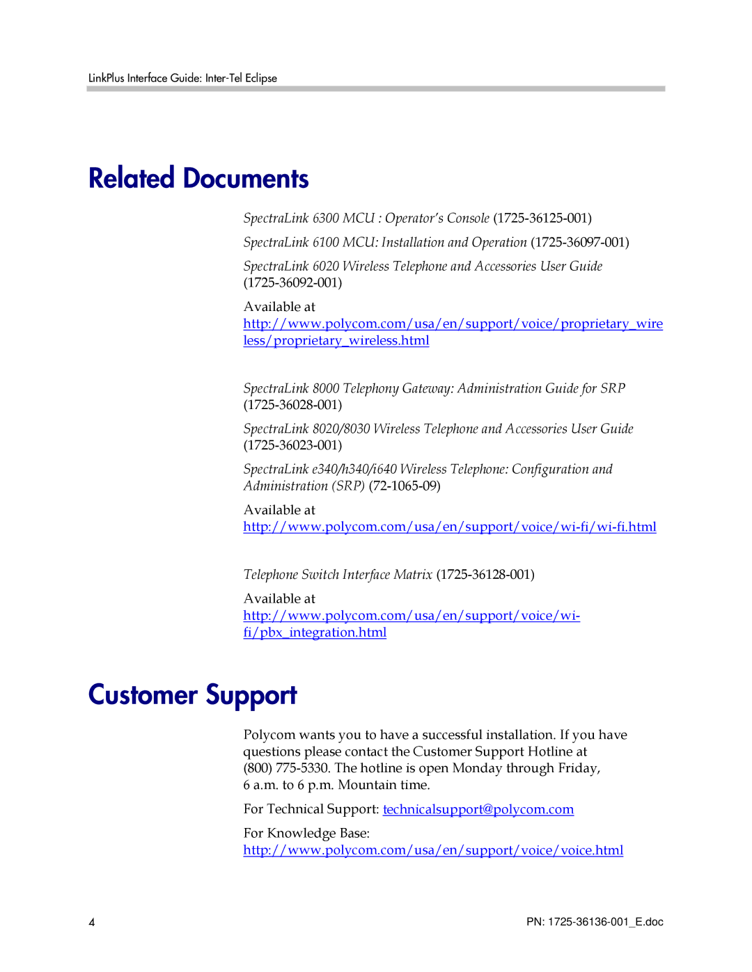 Polycom KH 458 manual Related Documents, Customer Support 