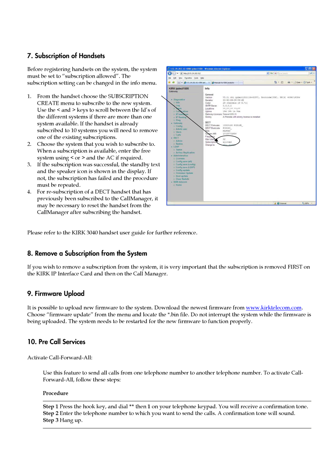 Polycom KIRK IP Subscription of Handsets, Remove a Subscription from the System, Firmware Upload Pre Call Services 