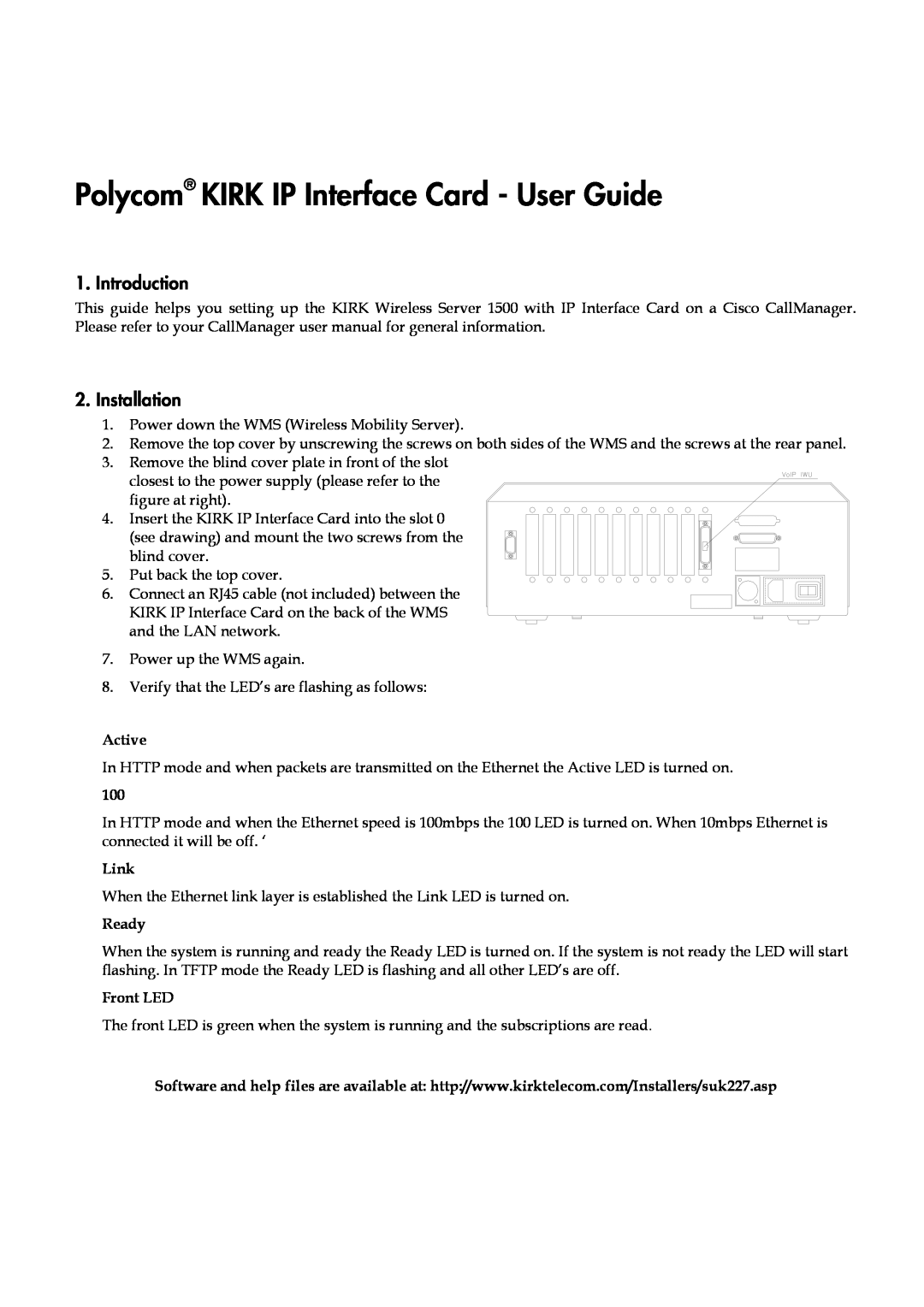 Polycom KIRK IP user manual Introduction, Installation, Active, Link, Ready, Front LED 