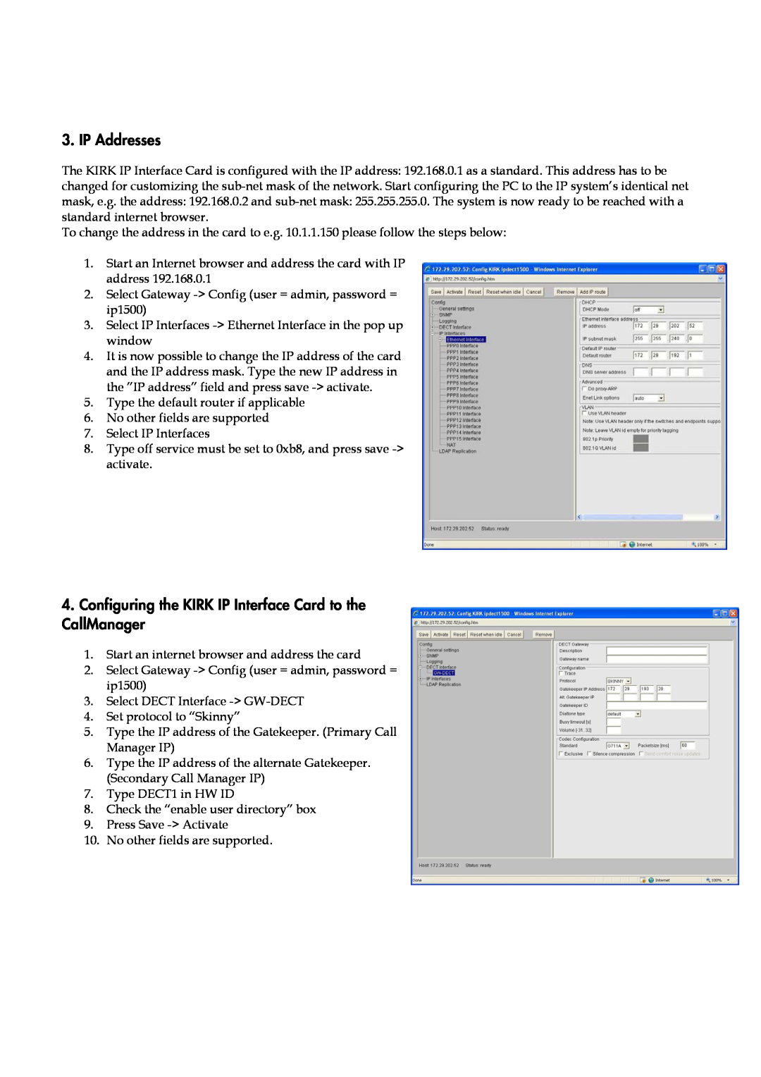 Polycom user manual IP Addresses, Configuring the KIRK IP Interface Card to the CallManager 