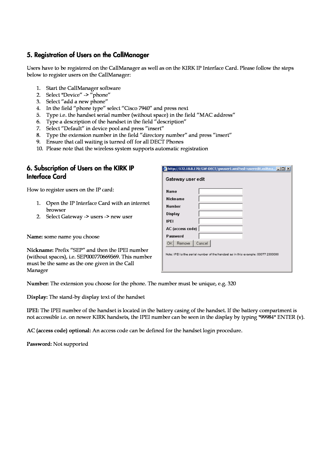 Polycom user manual Registration of Users on the CallManager, Subscription of Users on the KIRK IP Interface Card 
