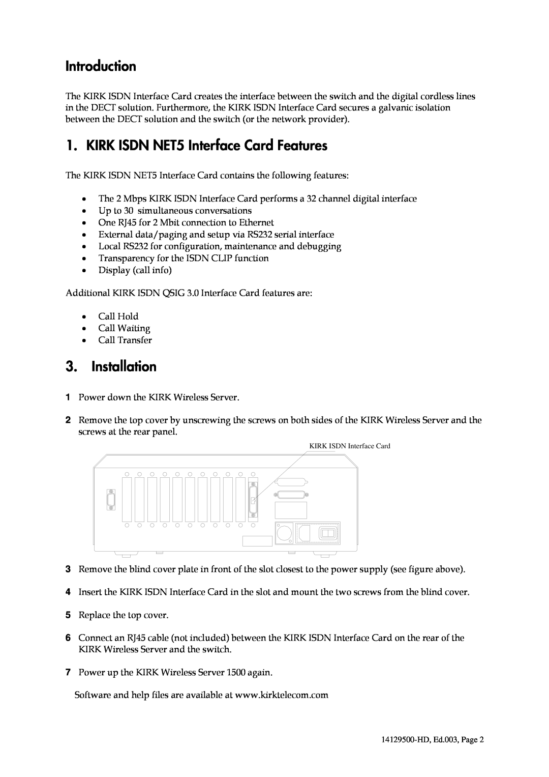 Polycom manual Introduction, KIRK ISDN NET5 Interface Card Features, Installation 