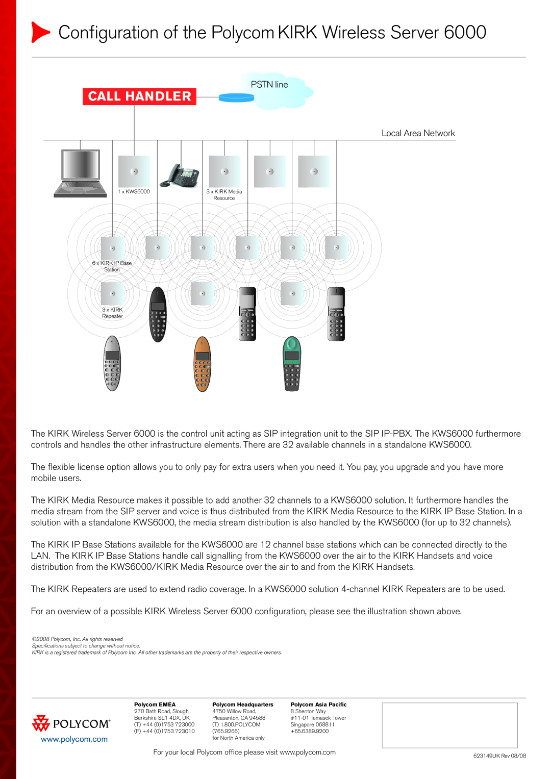 Polycom KWS6000, 623149UK Configuration of the Polycom Kirk Wireless Server, Call handler, Pstn line, Local Area Network 