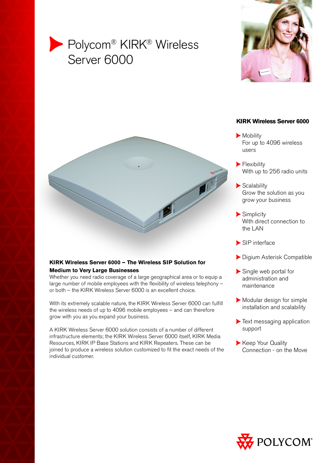 Polycom 623149UK, KWS6000 manual Polycom KIRK Wireless Server, Mobility For up to 4096 wireless users Flexibility 
