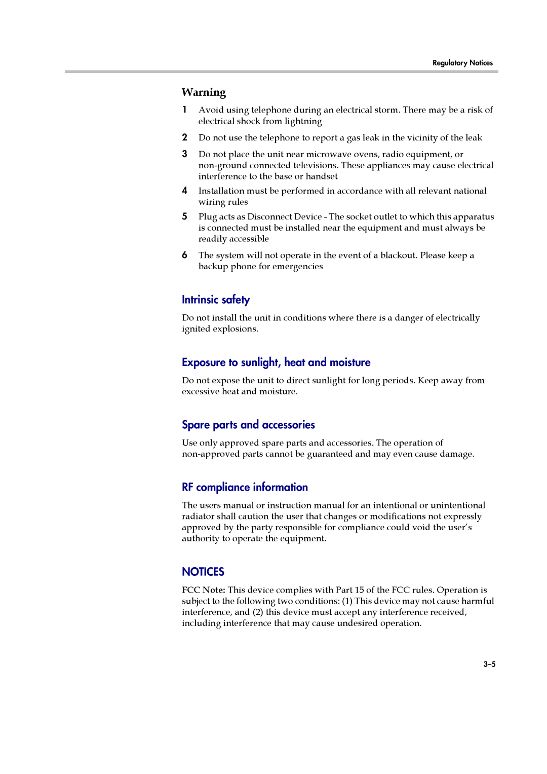 Polycom KWS8000 manual Intrinsic safety, Exposure to sunlight, heat and moisture, Spare parts and accessories 