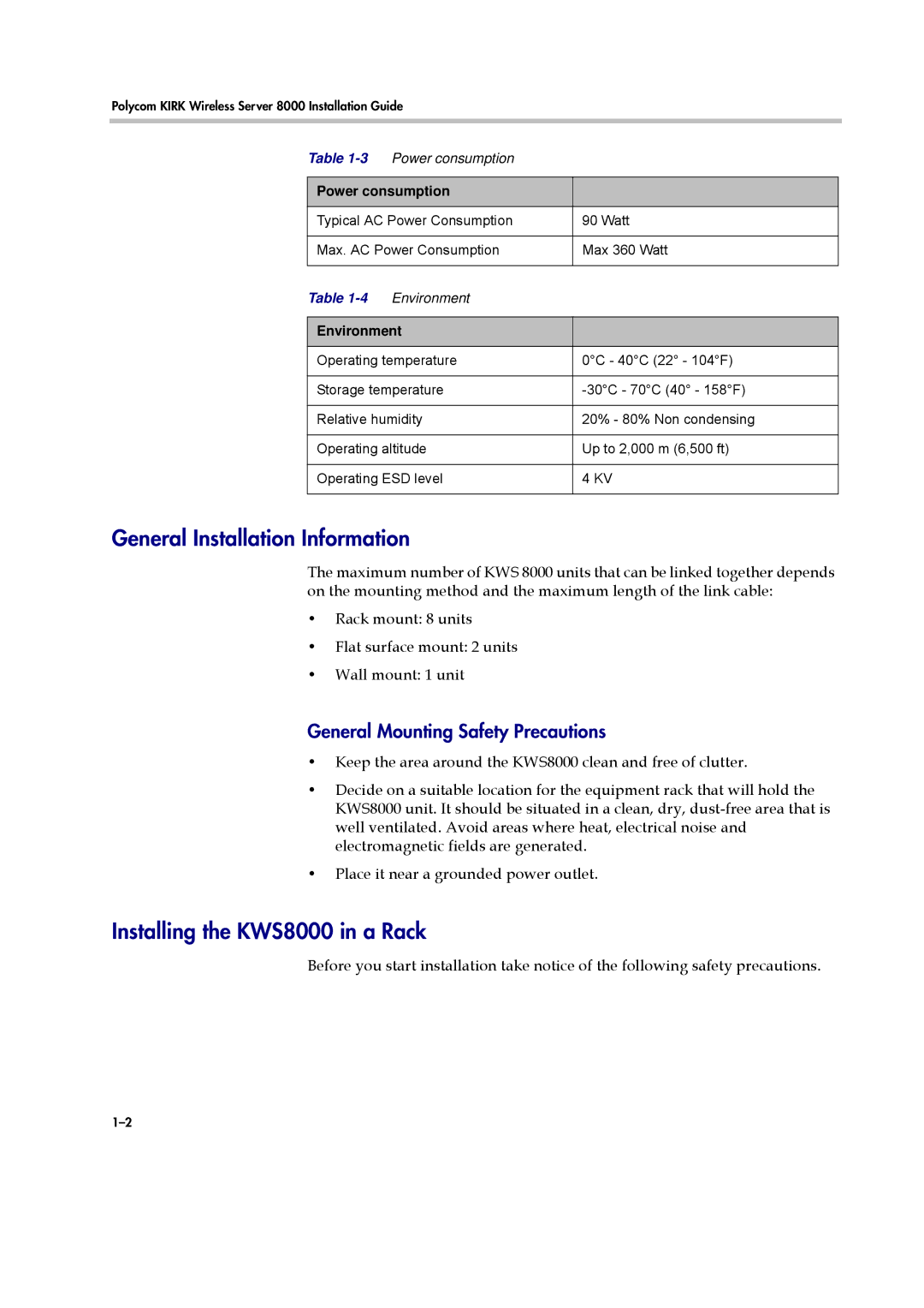 Polycom manual General Installation Information, Installing the KWS8000 in a Rack, General Mounting Safety Precautions 