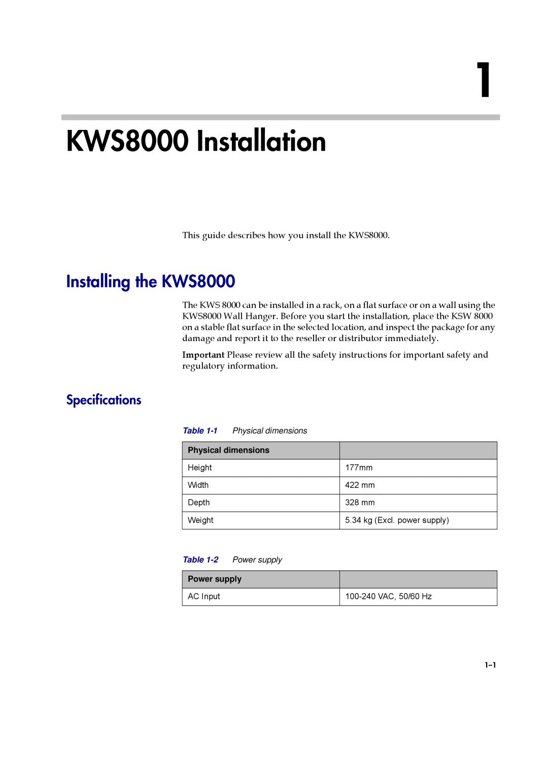Polycom manual KWS8000 Installation, Installing the KWS8000, Specifications 