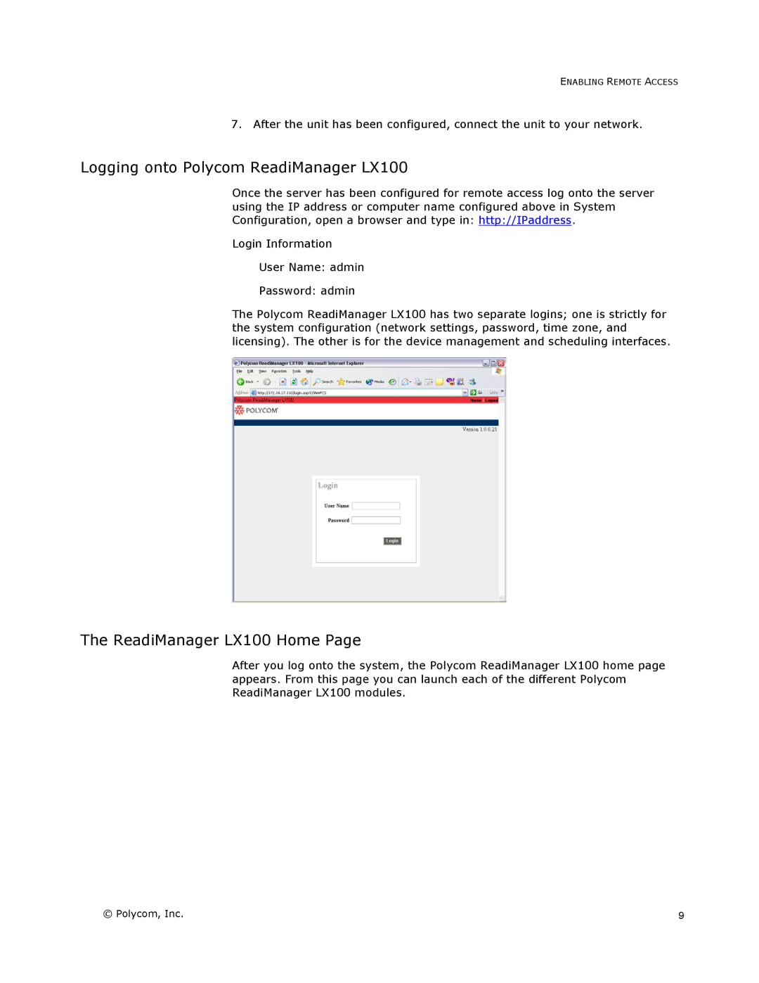 Polycom manual Logging onto Polycom ReadiManager LX100, ReadiManager LX100 Home 